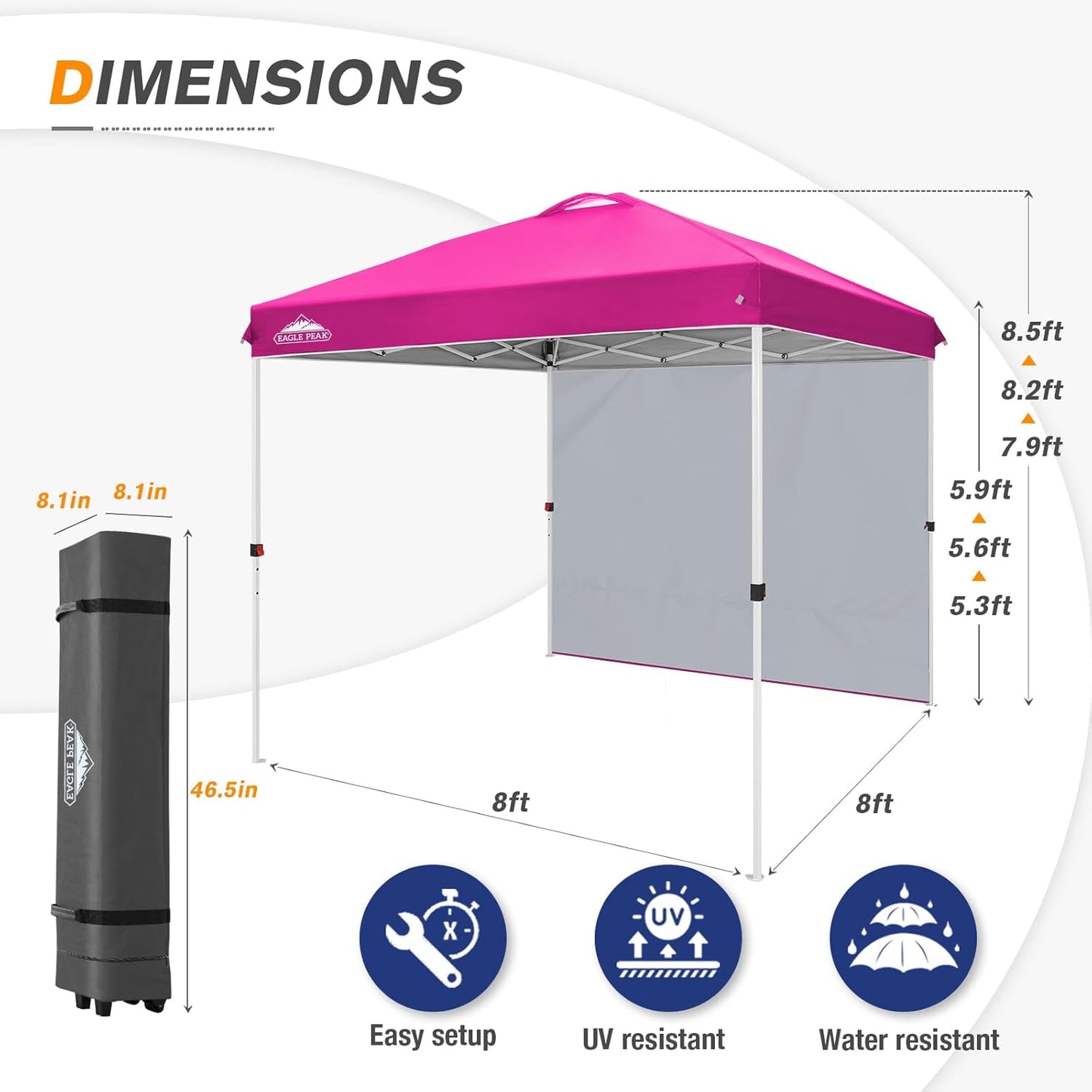EAGLE PEAK Pop Up Canopy Tent with 1 Sidewall, Easy Setup Event Tent, Outdoor Sun Shade, Wheeled Carry Bag, Stakes and Guy Ropes, Instant Canopy 8x8, Pink