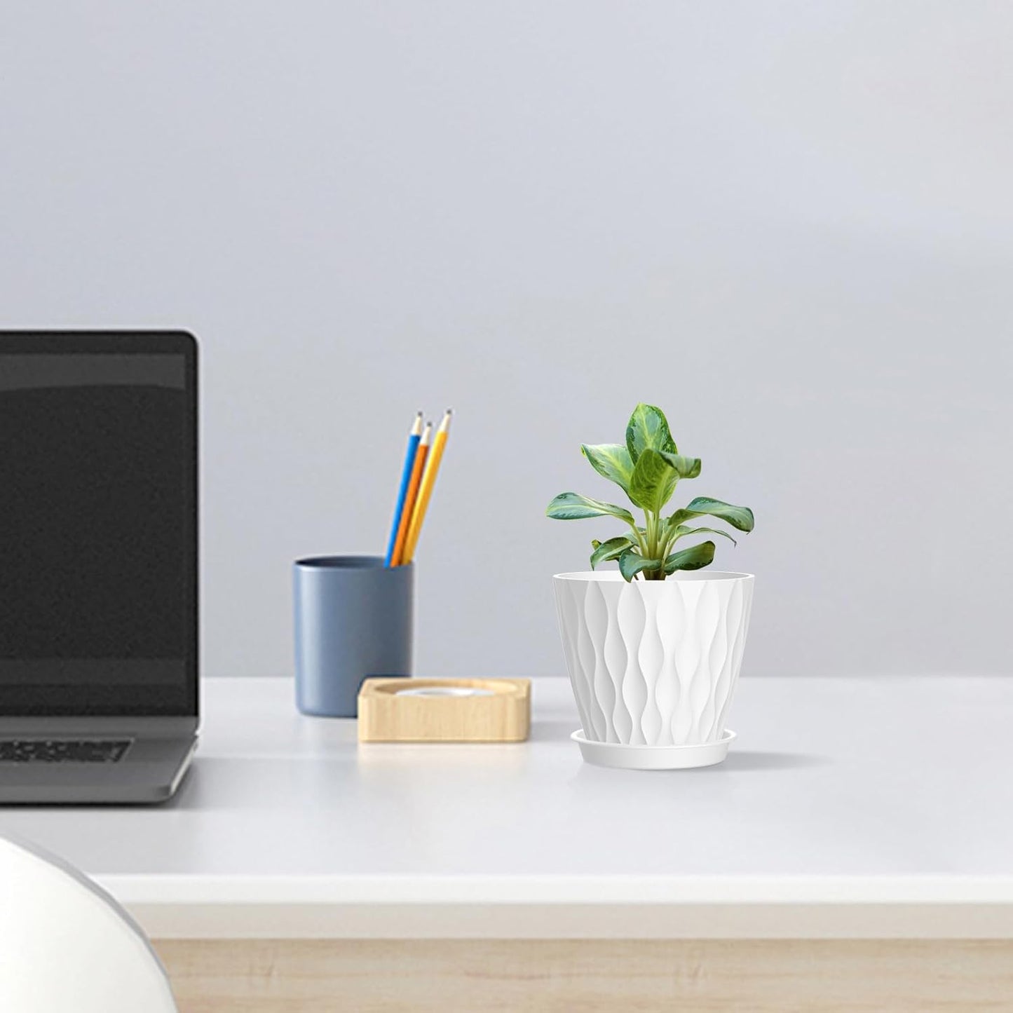 4 inch Small Plastic Nursery Pots, 5 Pack Water Ripples Plant Pots for Indoor Plants, Flower Pots with Drainage Holes and Saucers, Seedling Starter Planters for Succulent Plants, White