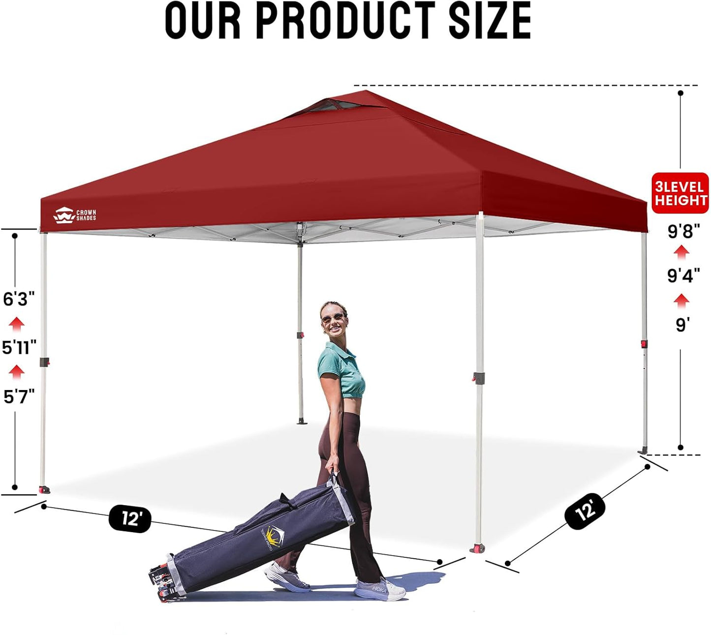 CROWN SHADES 12x12 Pop Up Canopy Outside Canopy, Patented One Push Tent Canopy with Wheeled Carry Bag, Bonus 8 Stakes and 4 Ropes, Red