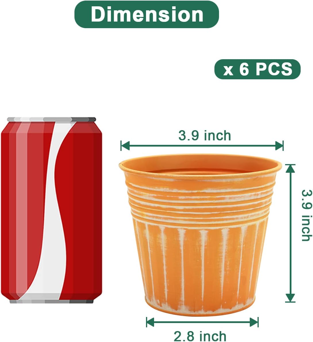 vensovo 4 Inch Orange Metal Rustic Flower Pots - 6Pcs Small Galvanized Planters with Drainage Hole and Rubber Plug, Rustproof Metal Bucket Plant Pots Farmhouse Vintage Style for Decor