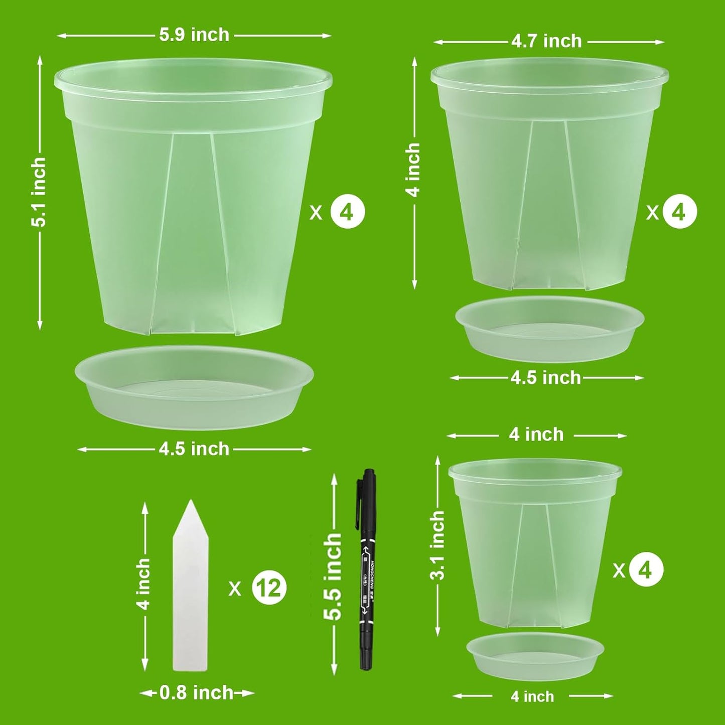 Transparent Plants Nursery pots with Tray 4/5/6 Inch Hard Material Plastic Planter with Drainage Hole,Durable Seed Starting Pots Plant Container, with 12pcs Plant Labels, a Maker Pen, 12 Sets