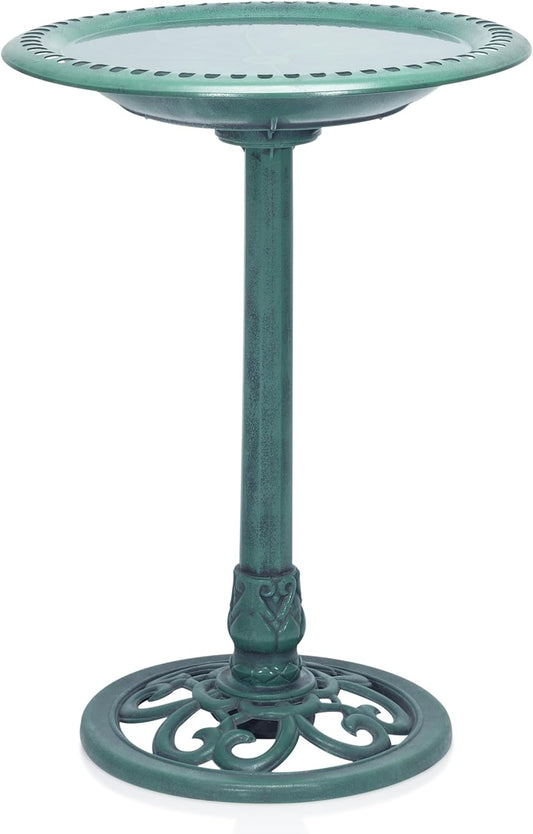 Alpine Corporation TEC116 Outdoor Aged Green Pedestal Birdbath with Scrollwork, 28" Tall, Green