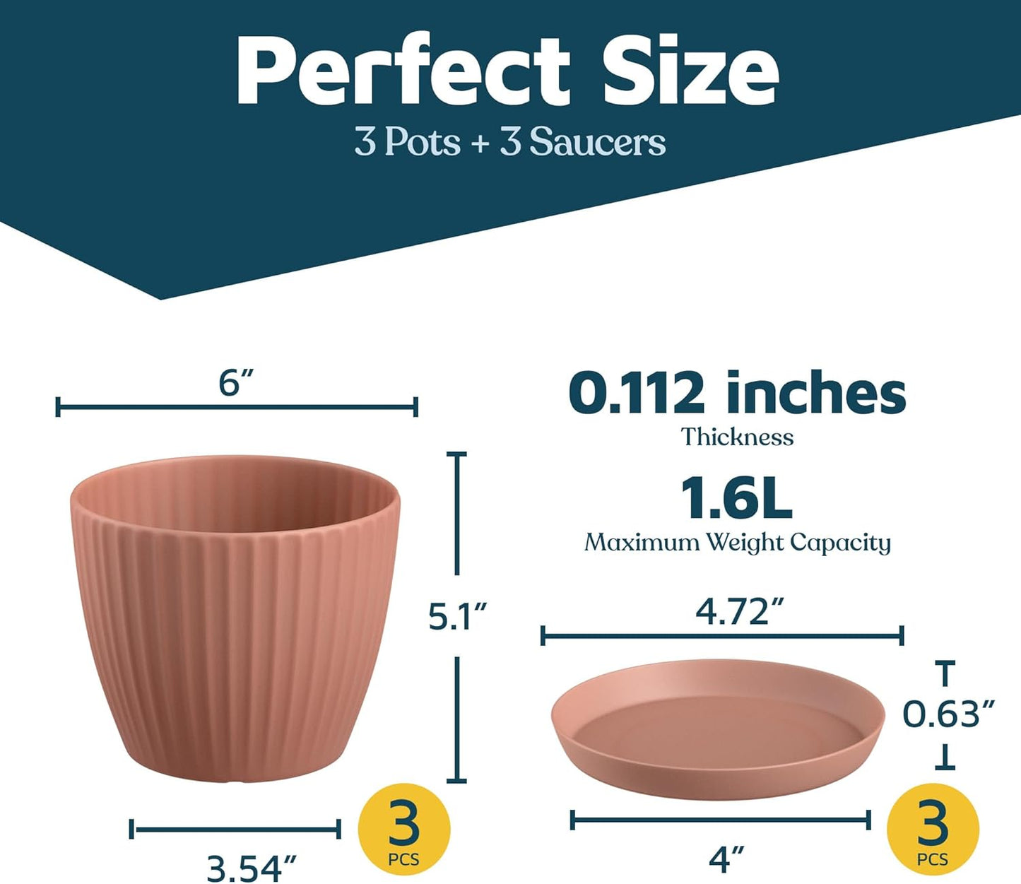 Pink 6-Inch Plant Pots with Drainage & Saucers 3 Pack, Indoor & Outdoor Planters for Houseplants, Herbs, and Flowers, Durable & Weatherproof Material, Stackable, Lightweight, Minimalist Design