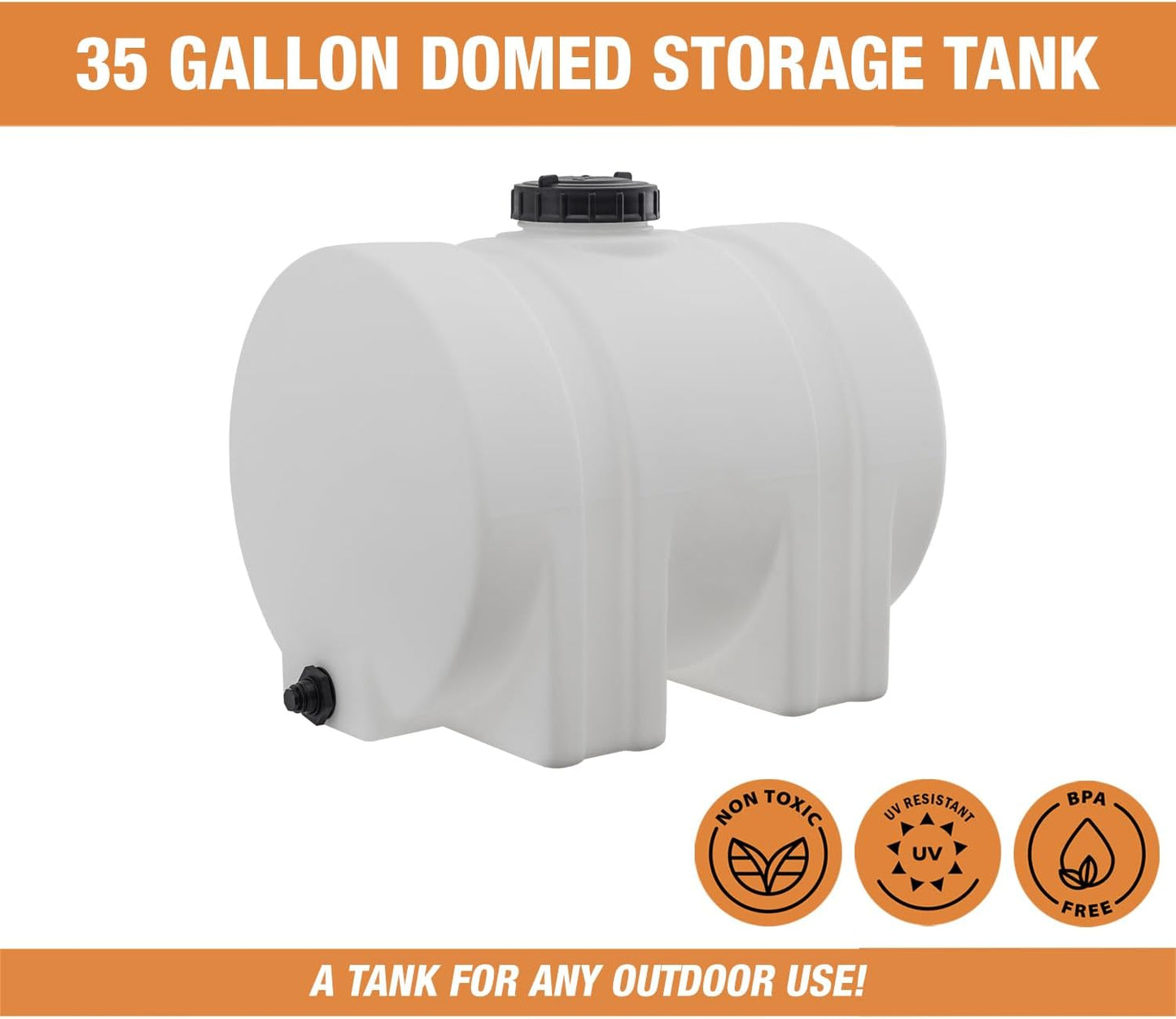 Romotech 82126189 Horizontal Polyethylene Reservoir Water Tank w/Legs, 35 gal, Made In USA, Natural Poly Tank For Non-Flammable Liquids, UV-Resistant, Ideal for Agricultural Use, RV Water Storage