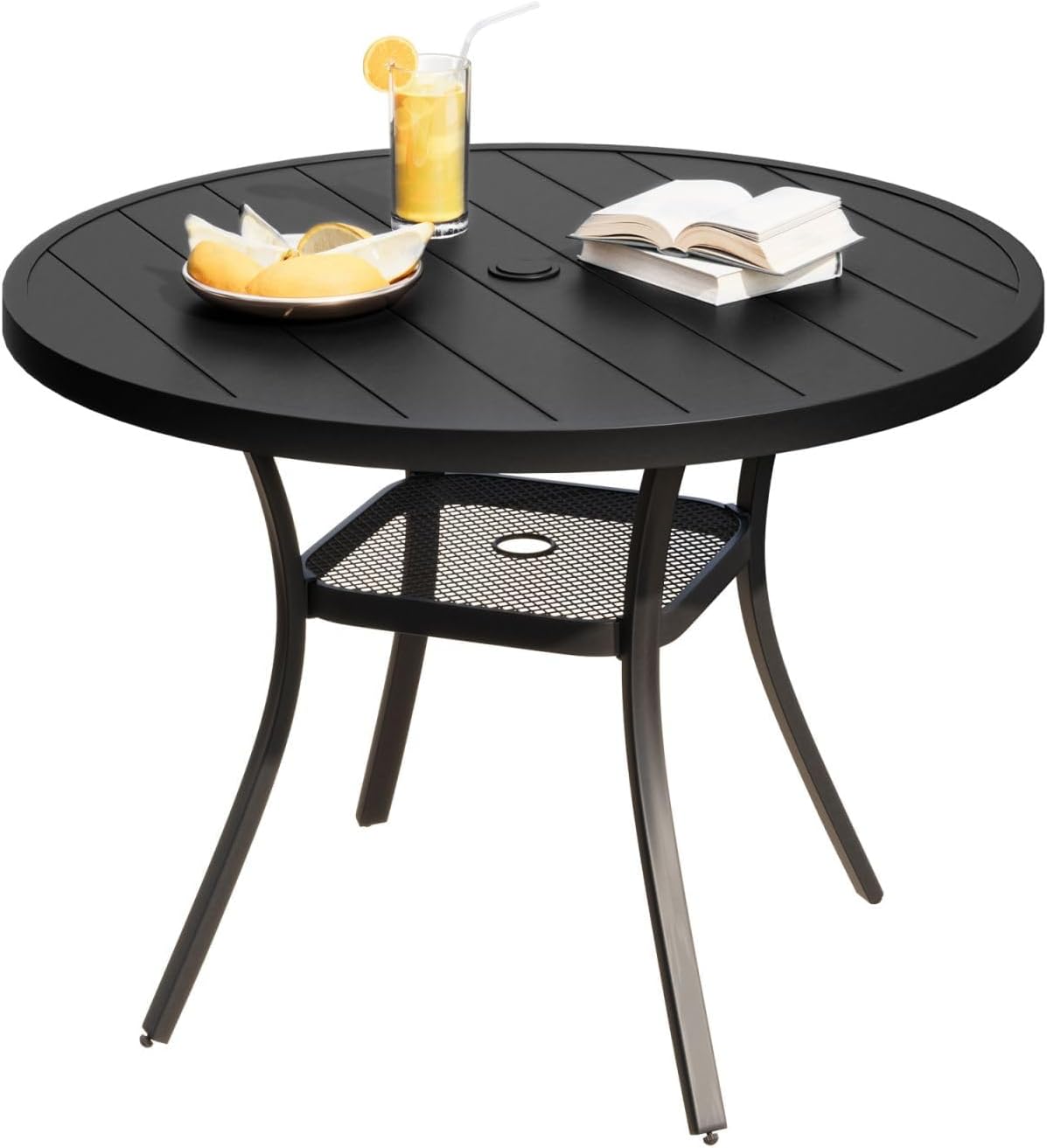 DIFY Outdoor Dining Table for 4, Round Patio Table with Umbrella Hole for Garden, Backyard and Porch (Black)