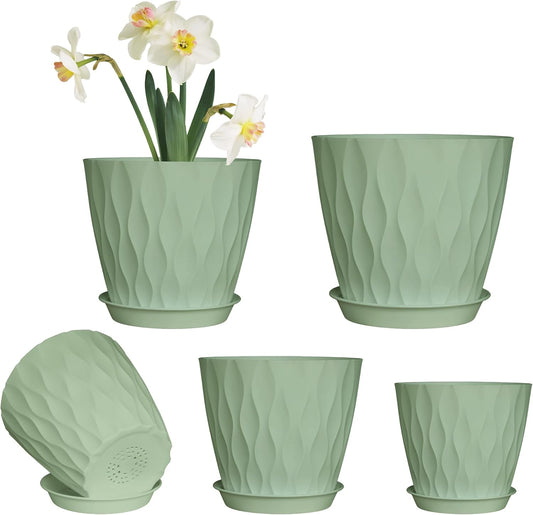 Plastic Flower Pots, 8/7/6/5/4 Inch Plant Pots with Drainage Holes, Plastic Planters for Indoor Outdoor Plants, 5 Pack Nursery Planting Pot for Garden Office Home Decor (Green, 8/7/6/5/4)