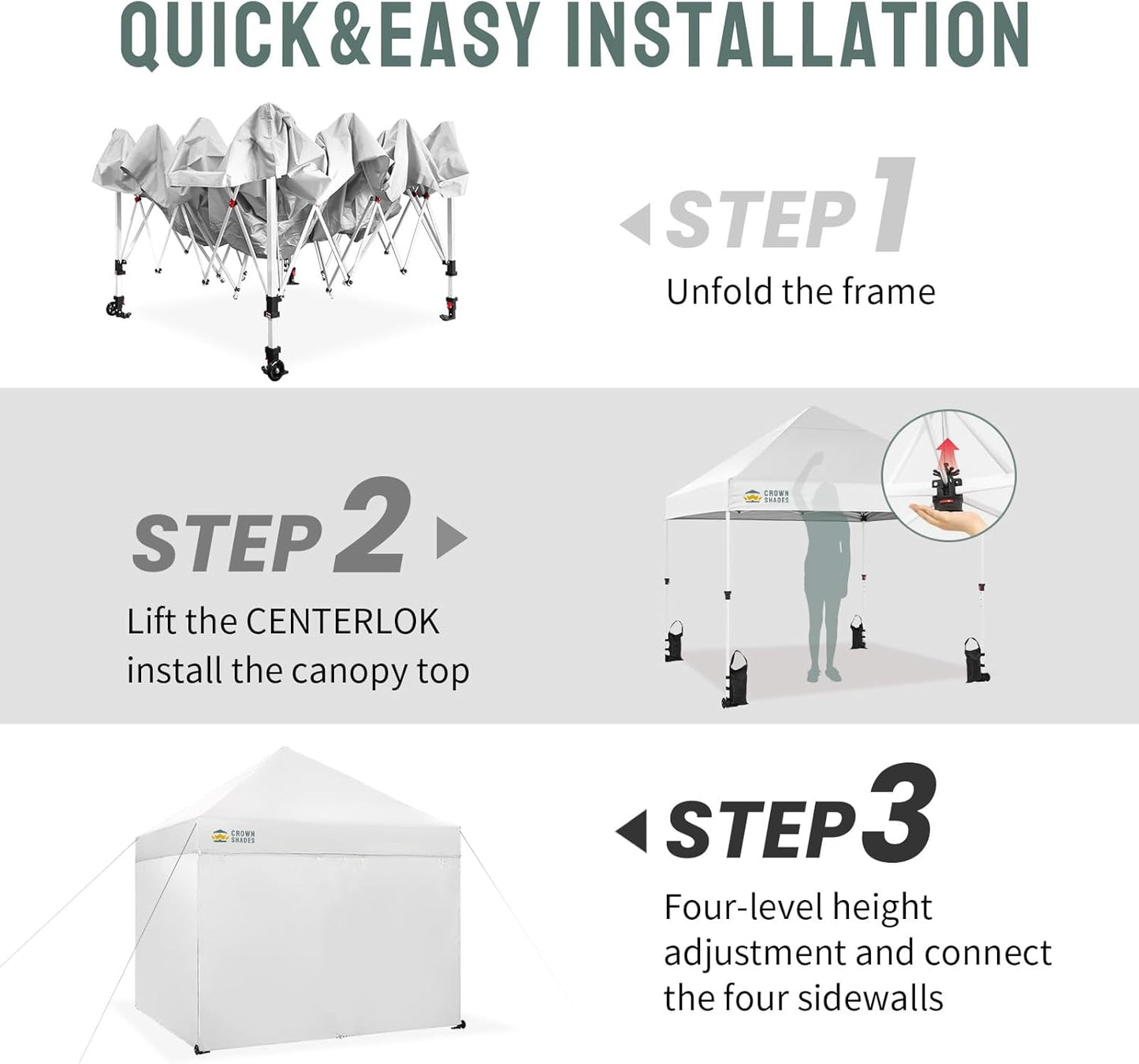CROWN SHADES Pop Up Canopy Tent, 8x8 Commercial Canopy Tent with 4 Sidewalls, 4" Wheels, 4 Upgraded Weights, Patented Centerlock, 400D Fabric, Sto'N Go Bag, White