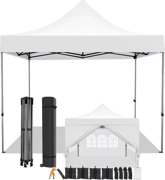 COBIZI 10x10 Pop Up Canopy with 4 Sidewall,Heavy Duty Canopy UPF 50+ All Season Wind Waterproof Commercial Outdoor Wedding Party Tents for Parties Canopy Gazebo with Roller Bag (10 x 10 ft White)