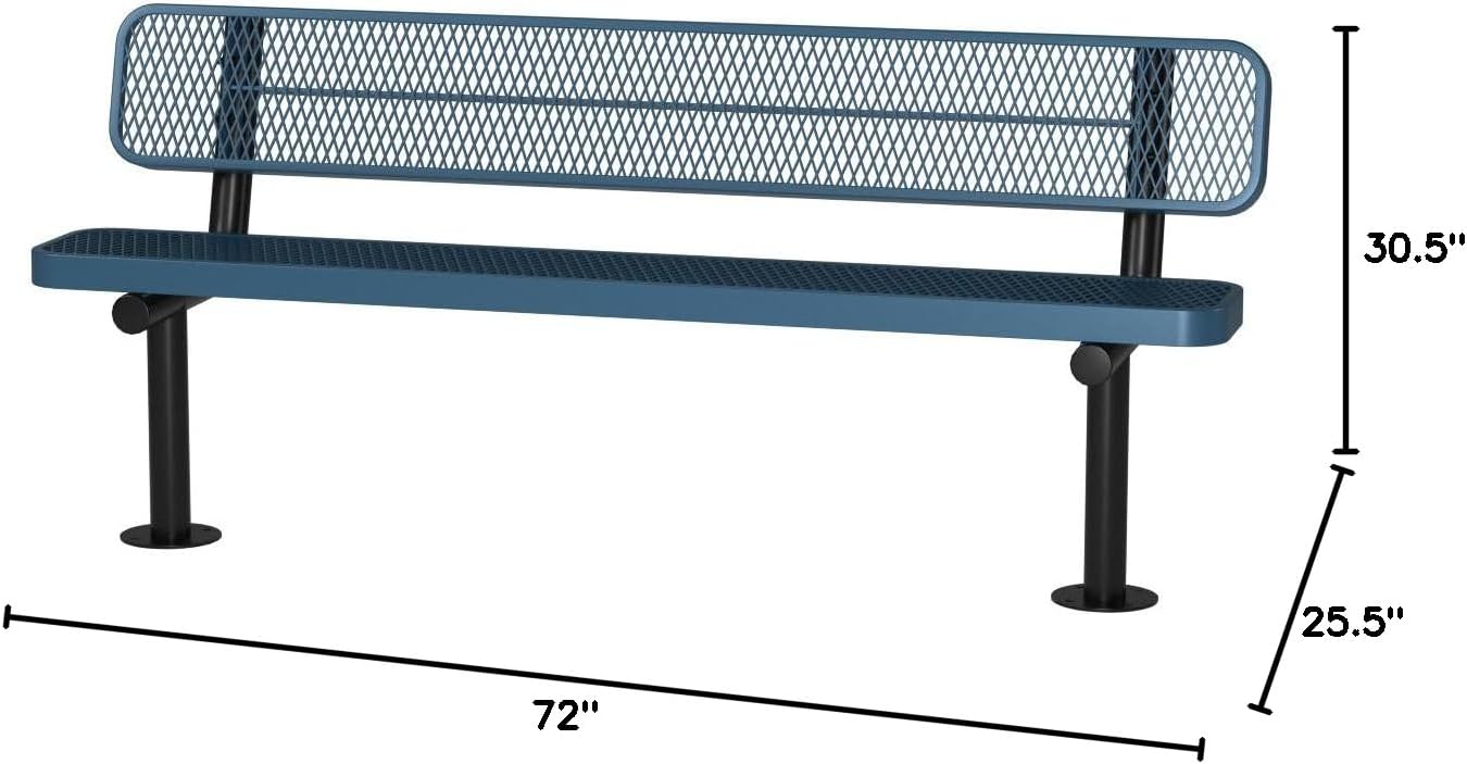 Coated Outdoor Furniture Heavy-Duty Outdoor Bench Thermoplastic Coated, Expanded Metal, Commercial-Grade Seating, Made in America (Surface with Back, 6 Ft, Light Blue)