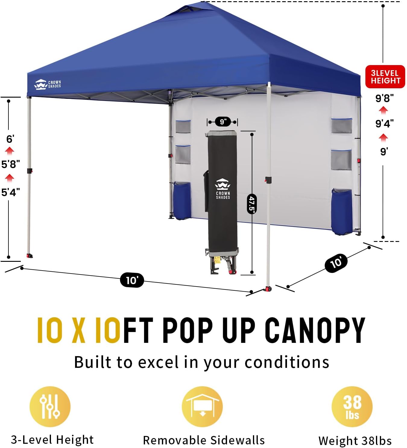 CROWN SHADES Canopy Tent, 10 x 10 Foot Portable Pop Up Outdoor Shelter with Pocket Sidewall, Push Center Lock, UV Protection, and Carry Bag, Navy Blue