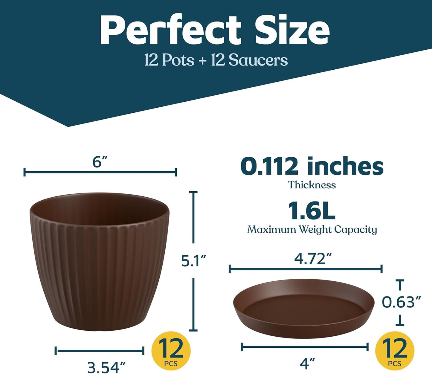 Brown 6-Inch Plant Pots with Drainage & Saucers 12 Pack, Indoor & Outdoor Planters for Houseplants, Herbs, and Flowers, Durable & Weatherproof Material, Stackable, Lightweight, Minimalist Design