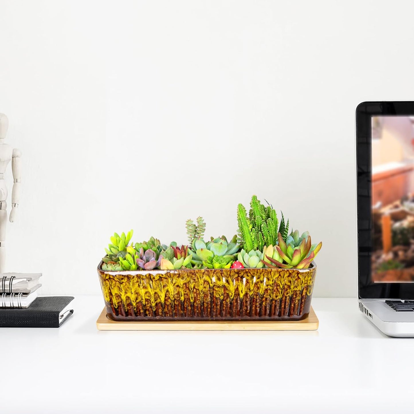 Succulent Pots - 12 Inch Large Succulent Planters with Drainage Tray, Window Sill Planter, Long Rectangle Ceramic Pots for Indoor Cactus Plants Shallow Bonsai Window Box for Home Garden Decor