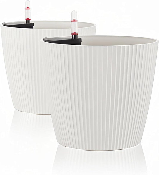 Dexceder 11x10 Self Watering Planters Indoor, Inner Mat Design, Table Flower Plant Pot with Water Level Indicator (2 Pack, White)