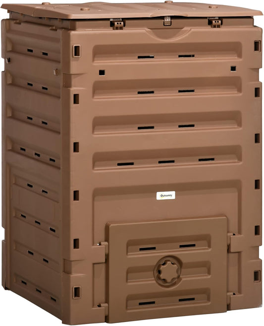 Compost Bin Outdoor 120 Gallon (450L) Garden Composter, BPA Free, with 80 Vents and 2 Sliding Doors, Lightweight Outdoor Compost Box for Garden, Kitchen, and Yard Waste, Brown