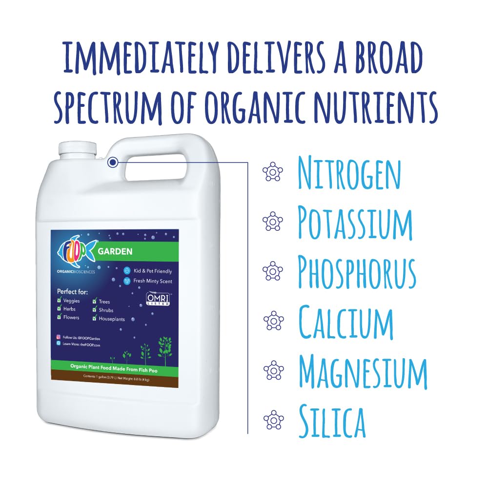 FOOP Garden - Organic Liquid Plant Food Made from Fish Manure (with Fresh Minty Scent) | Fish Fertilizer Alternative Perfect for Veggies, Herbs, Flowers,Trees,Shrubs | Kid&Pet Friendly (1 Gallon)