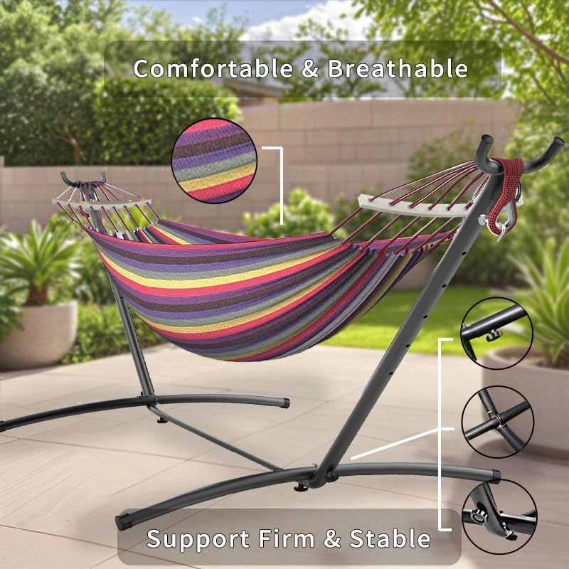 Double Hammock, Heavy Duty Portable, 500 lb Weight Capacity, Perfect for Both Indoors and Outdoors, 2 Person Hammock with Carrying Bag, Rainbow