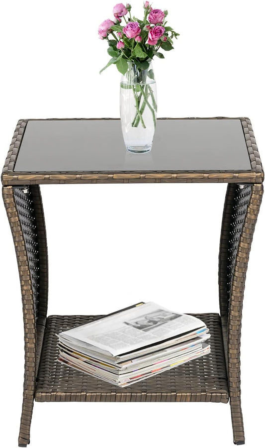 Outdoor Small Patio Table - PE Rattan Coffee Table, Wicker Side Table for Patio, Balcony & Porch, Durable & Iron Frame (1, Dark Blonde)