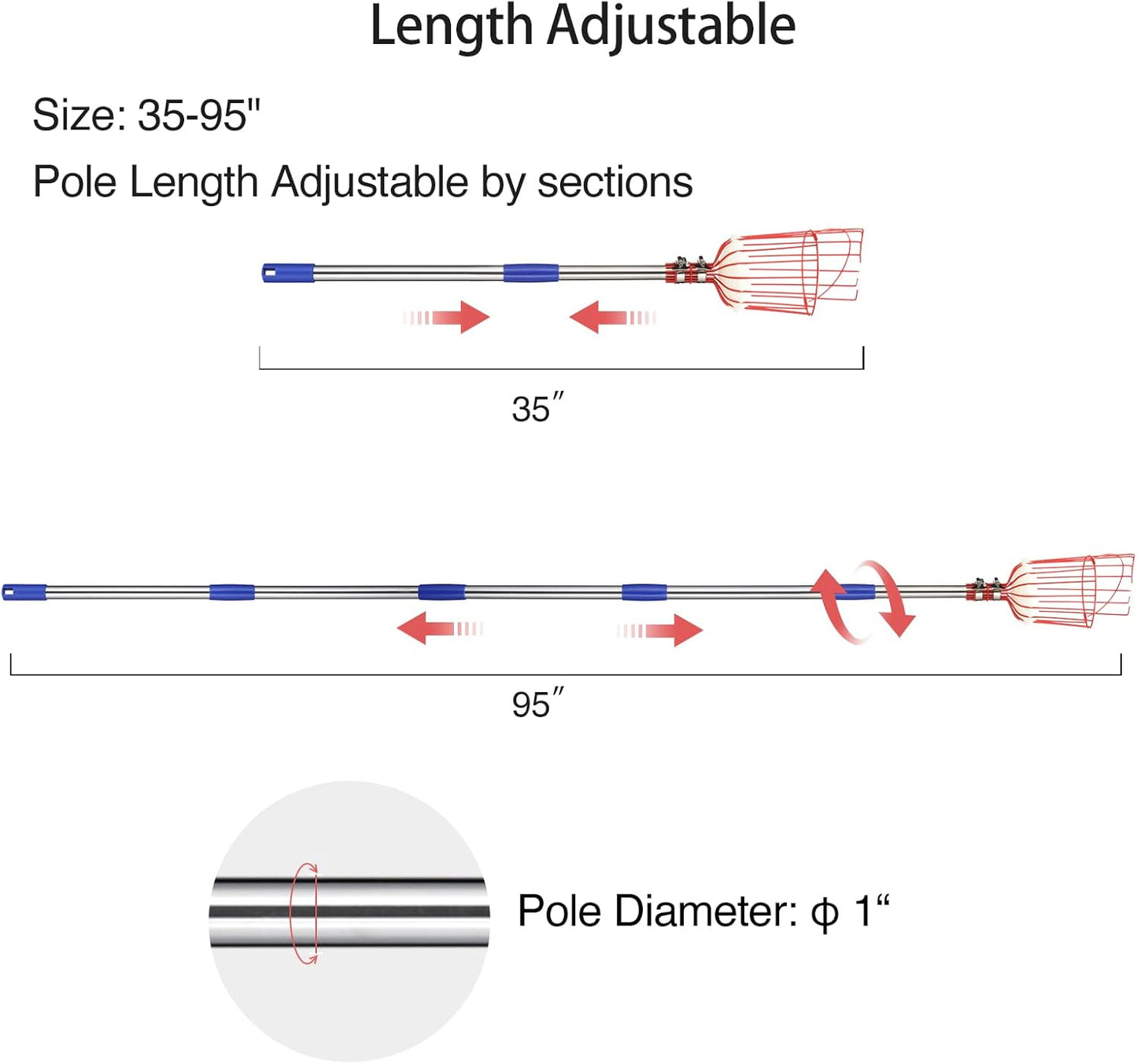 DonSail Pomelo Fruit Picker Pole Tool with Basket Telescoping Long Handle, 35-95 Inch Adjustable Orange Apple Picker Pole Tool with Basket for Avocado Acorn Lemon Pear Mango Tree Picker
