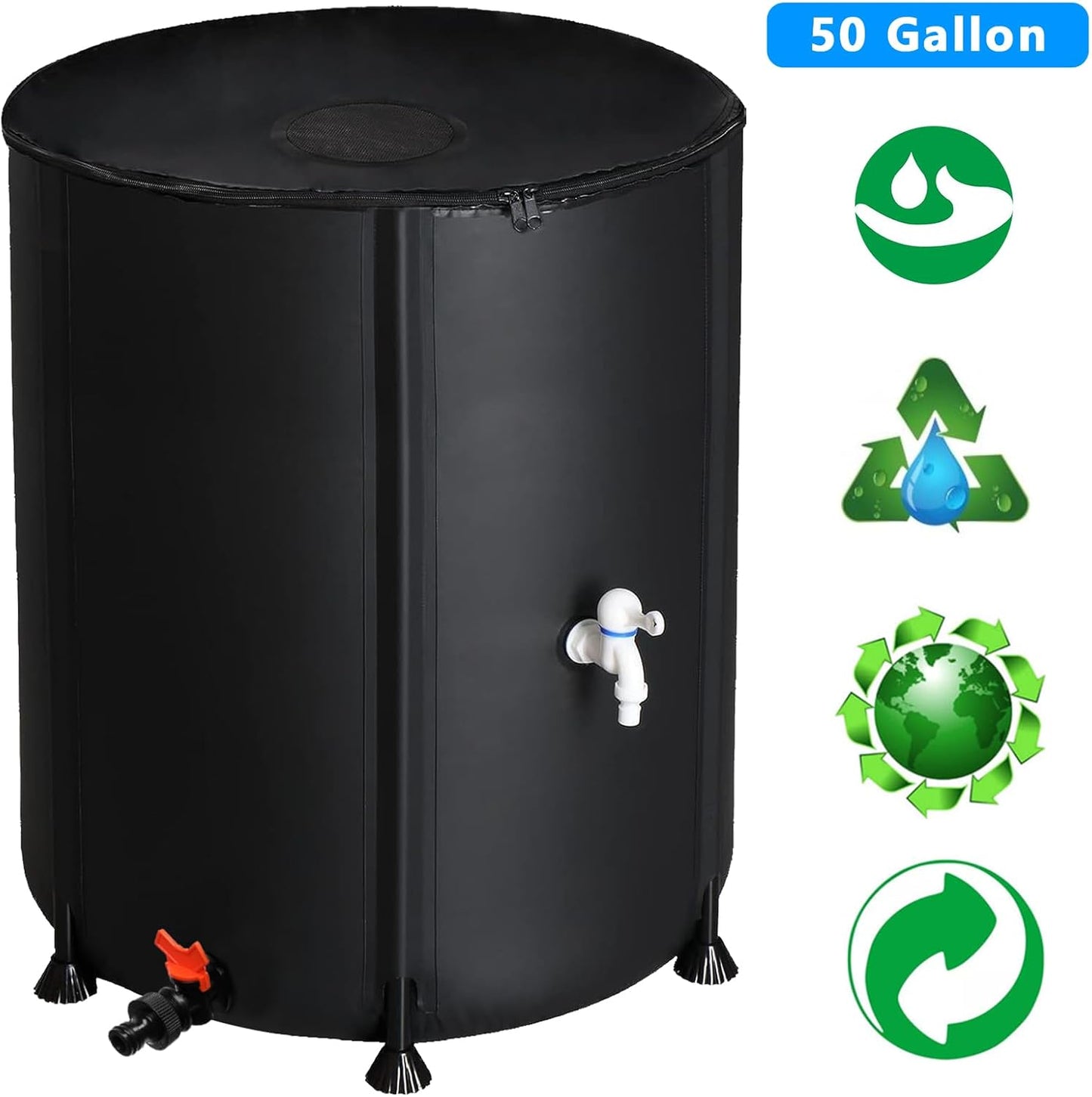 50 Gallon Collapsible Rain Barrel, Portable Rainwater Collection System, Water Storage Tank, Rain Catcher Barrel with Two Spigots and Overflow Kit, Rain Water Barrel Collector for Garden, Black