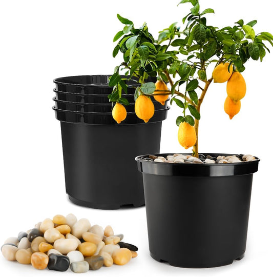 5 Gallon Pots with 10lbs Rocks, 12 Inch Plastic Nursery Pots with Drainage Holes, Round Sturdy Garden Pots with Stones, Deep Nursery Pots for Plants, Gardening Gifts for Women (5-Pack, Black)