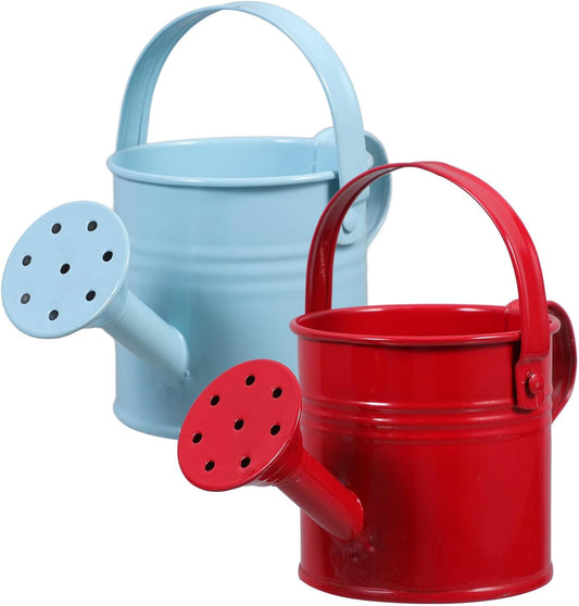2pcs Kids Metal Watering Can for Indoor Plants, Durable Iron Sprinkling Kettle, Portable Small Water Can for Garden Home Plants, Red and Light Blue, 6.69 x 2.75 x 2.75 Inch