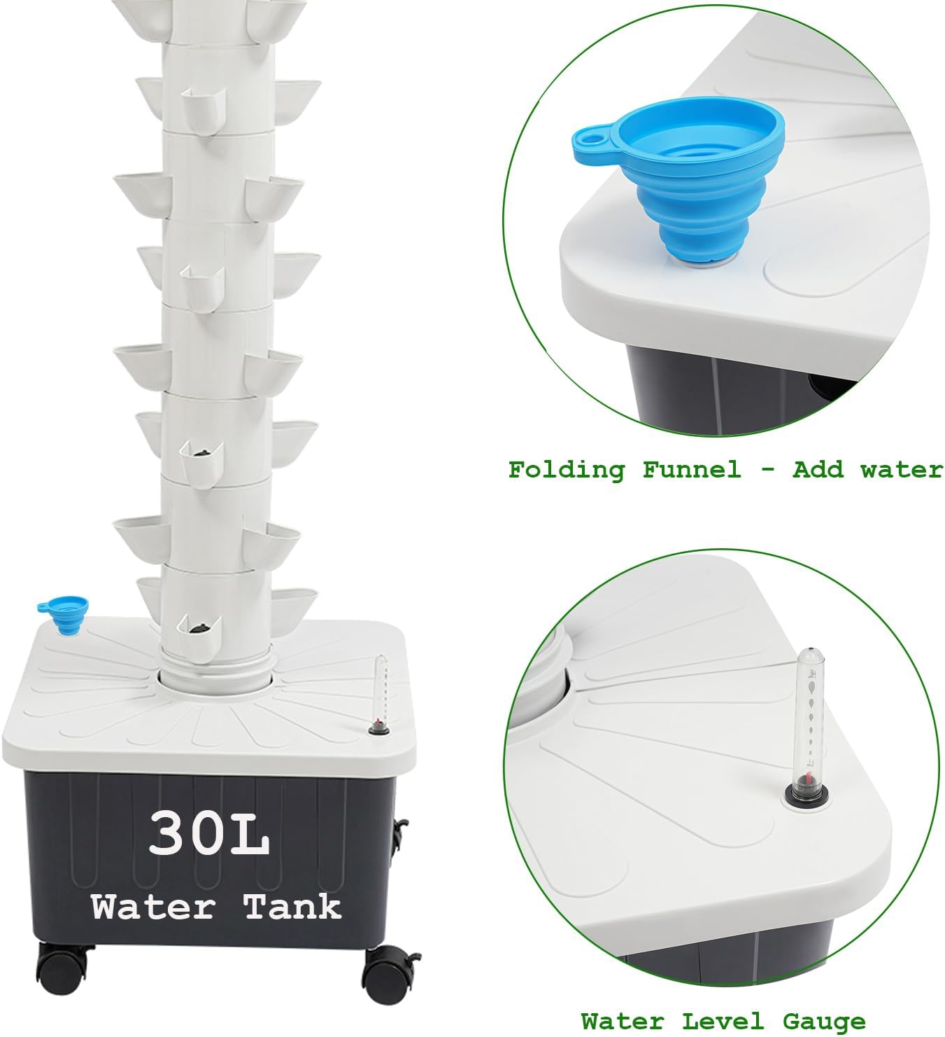 15-Tier Hydroponic Growing Tower, 45-Plant Vertical Garden Kit with Water Pump, Hydroponics Tower Growing System with 4 Wheels for Herbs, Vegetables, Strawberries (White)