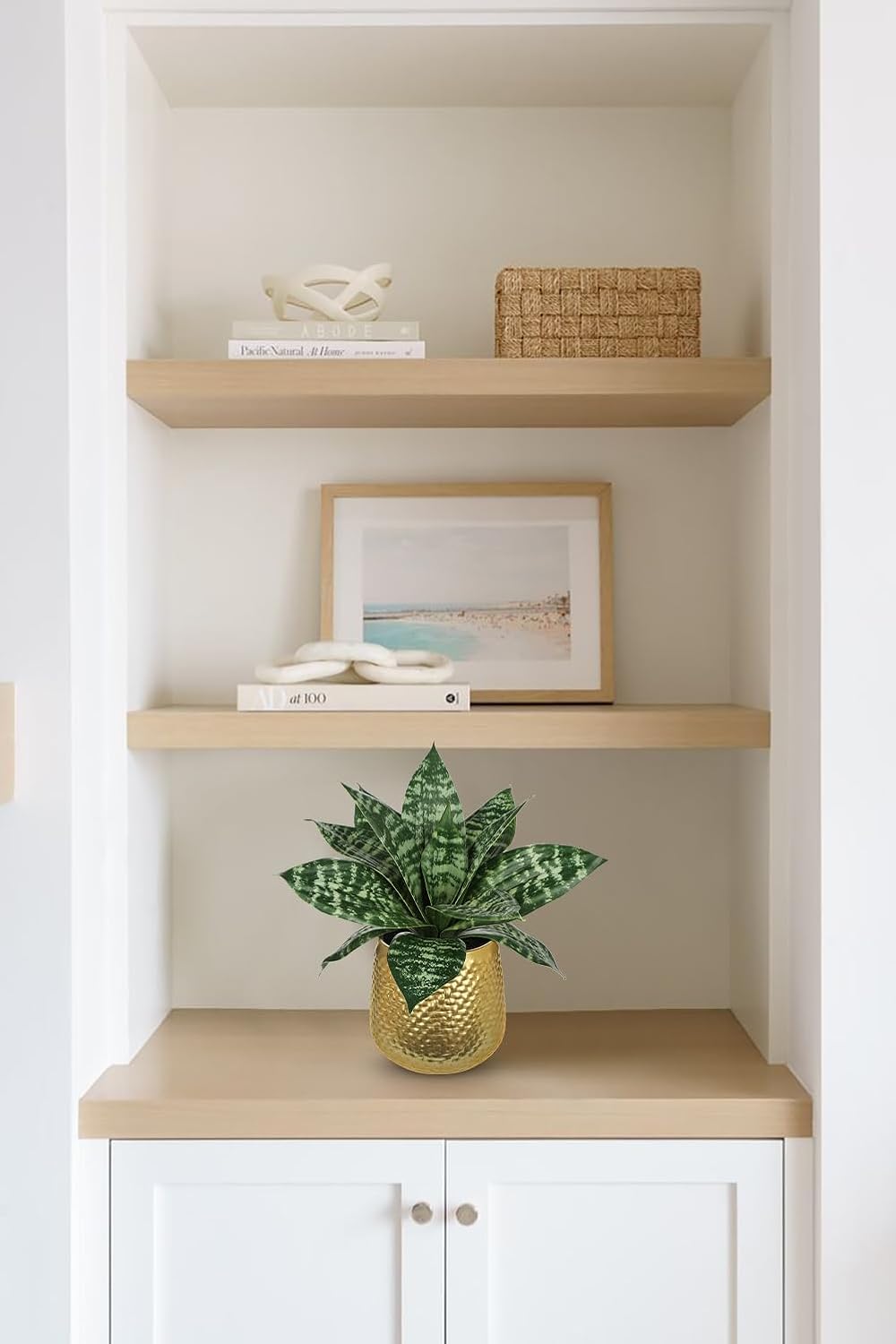 Hollyone Artificial Snake Plants 9" Faux Agave Succulent Plant Potted in Gold Metal Pot Fake Sansevieria Aloe Tropical Plant for Desk Modern Office Home Bathroom Indoor Outdoor Decor