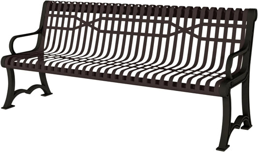Coated Outdoor Furniture Heavy-Duty Outdoor Bench Thermoplastic Coated, Slatted Steel, Commercial-Grade Garden Bench, Made in America (Portable with Back, 4 Ft, Brown)