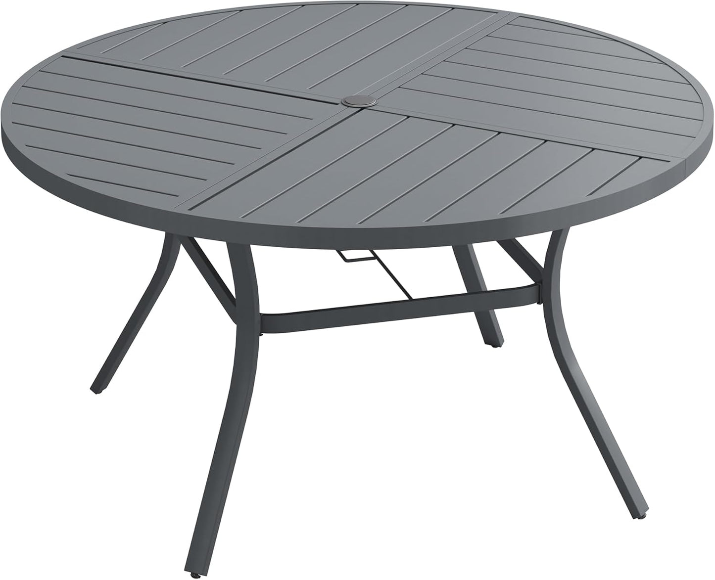 DIFY 53.1" Round Outdoor Patio Dining Table for 6-8, All-Weather Metal Steel Slatted Patio Table with 1.57" Adjustable Umbrella Hole, for Lawn Garden Porch Backyard, Grey