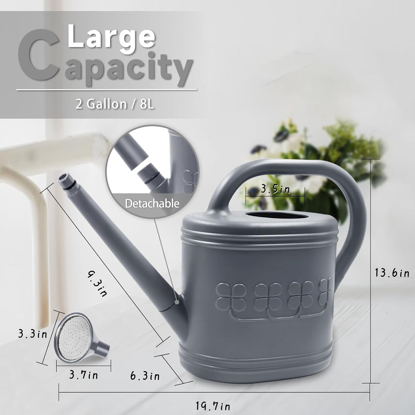 2 Gallon Watering Can, Outdoor Watering Can for Plants, Garden Water Can with Removable Long Spout and Stainless Steel Sprinkler Head, Large Water Can for Greenhouse (Gray, 2 Gallon)