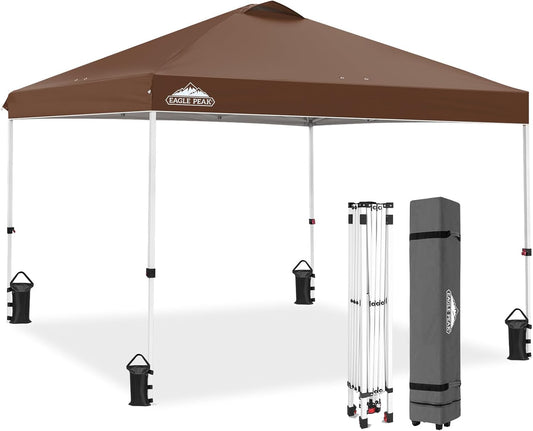 EAGLE PEAK Pop Up Canopy Tent with Wheeled Carry Bag, 8 Stakes, 4 Ropes, 4 Weight Bags, Easy Set Up Tent Canopy, 10x10 ft, 100sqft of Shade, Dark Brown