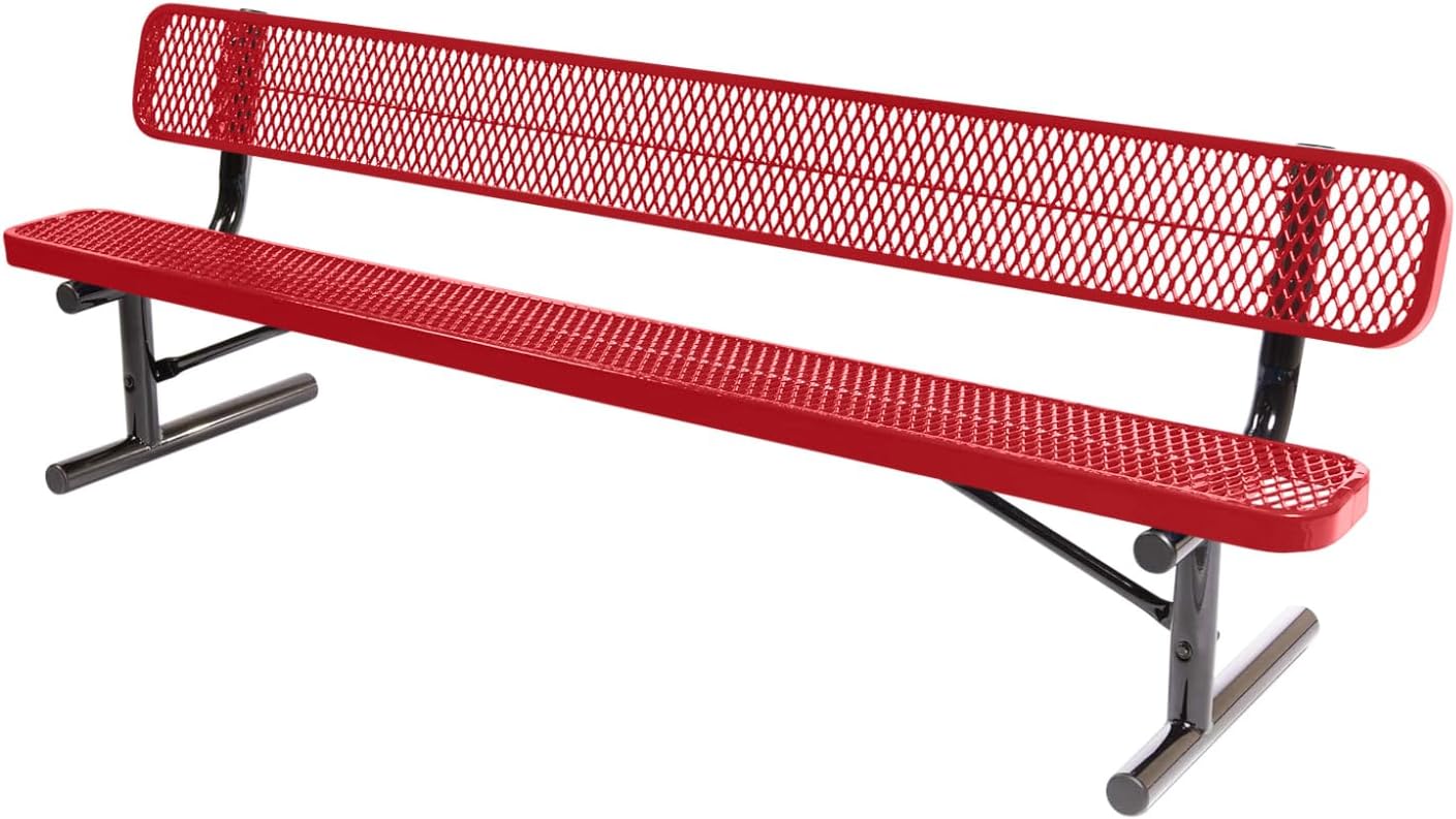 Heavy-Duty Portable Outdoor Bench Thermoplastic Coated, Expanded Metal, Commercial-Grade Seating, Made in America (Portable with Back, 8 Ft, Textured Red)