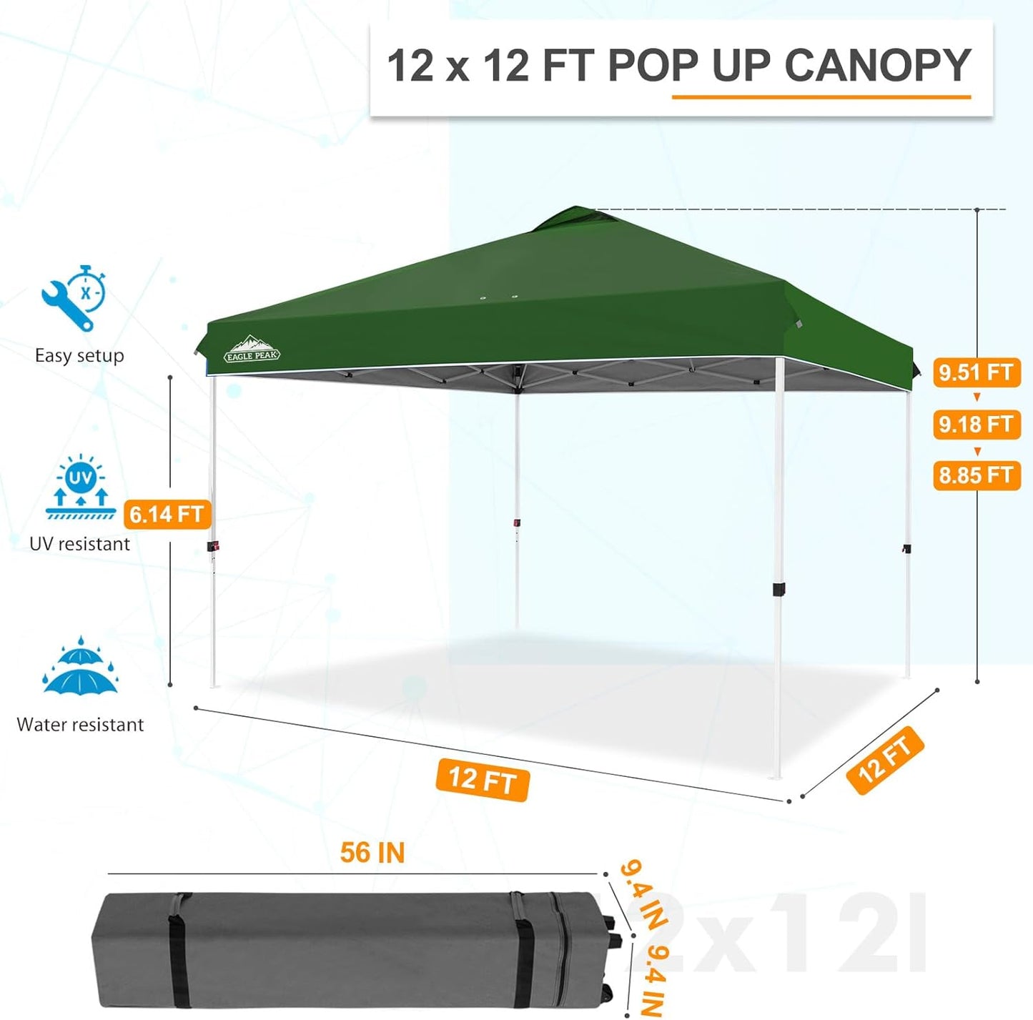 EAGLE PEAK Pop Up Canopy Tent with Wheeled Carry Bag, 8 Stakes, 4 Ropes, 4 Weight Bags, Easy Set Up Tent Canopy, 12x12 ft, 144sqft of Shade, Green