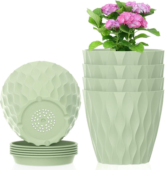 6 inch Plant Pots, 5 Set Water Ripples Flower Pots for Indoor Outdoor Plants, Plastic Planters with Drainage Holes and Saucers, Nursery Pots for Small Succulent Garden House Plants, Green