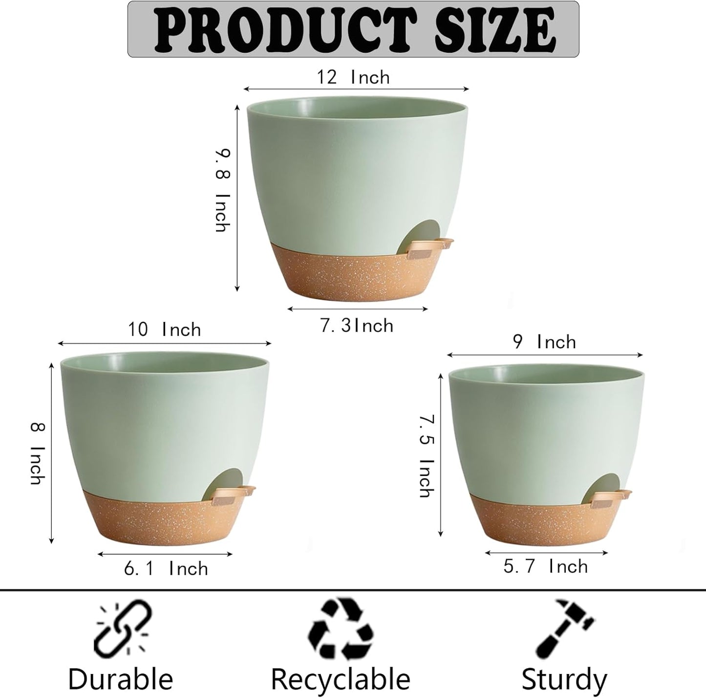 Indoor Pot For Plants 3 Pack 12/10/9 Inch Self Watering Pot For Lazy People,Self Watering Pots For Indoor Plants,Outdoor Pots For Succulent, African violets And Cactus Green Plastic Flower Pots