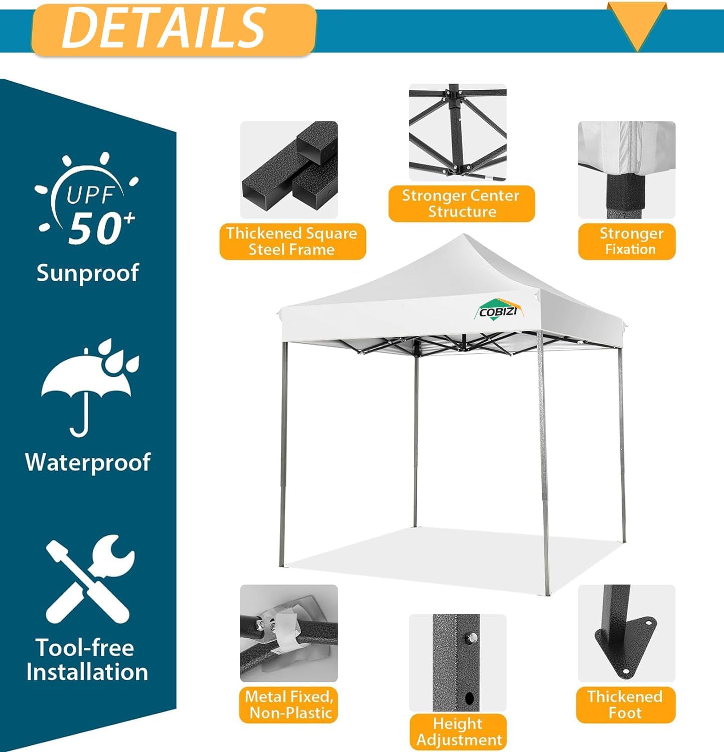 COBIZI 6.6x6.6 Pop Up Canopy Without Sidewall,Heavy Duty Canopy UPF 50+ All Season Wind Waterproof Commercial Outdoor Party Tents for Parties Canopy Gazebo with Storage Bag(6.6 x 6.6 ft White)