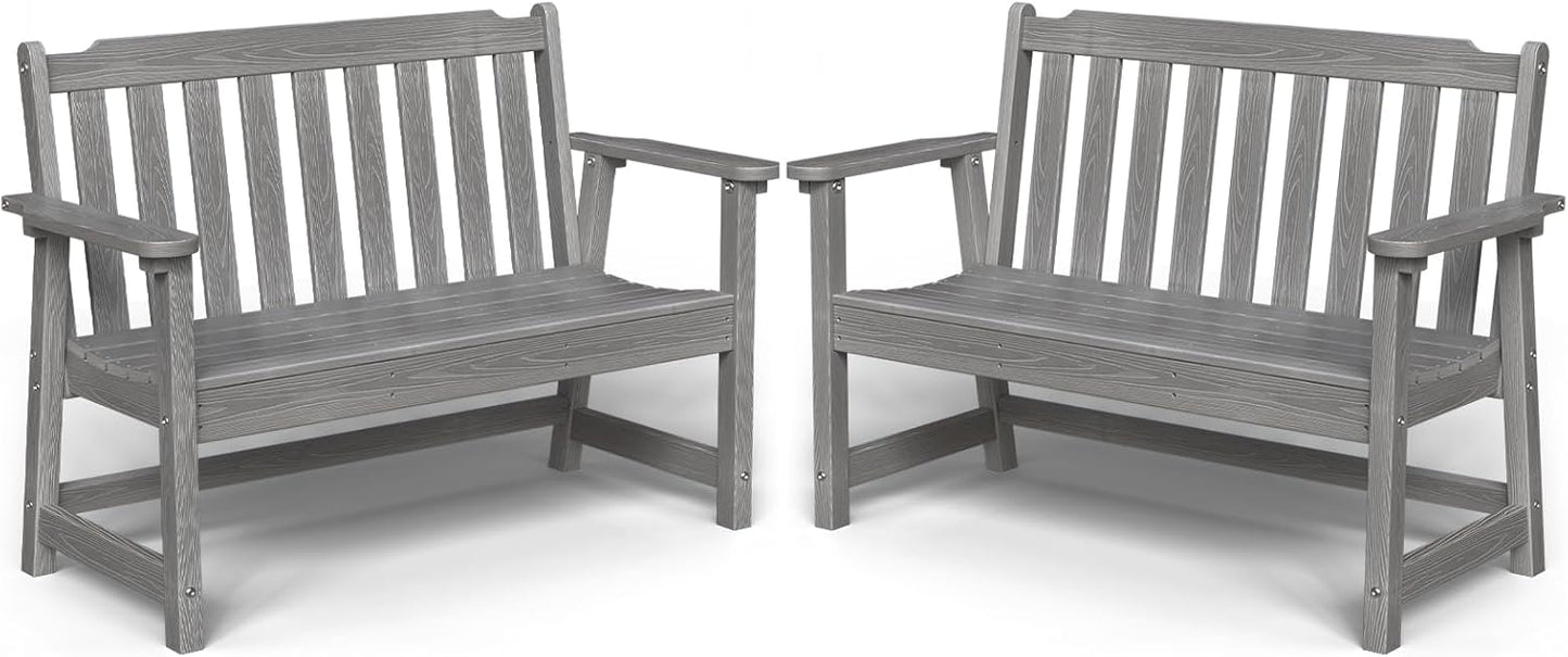 Outdoor Bench, 2-Person HDPE Garden Bench, All Weather Poly Patio Bench for Outdoors, Garden, Backyard, Porch and Park, 660 lbs Weight Capacity, Grey, 2 Pack