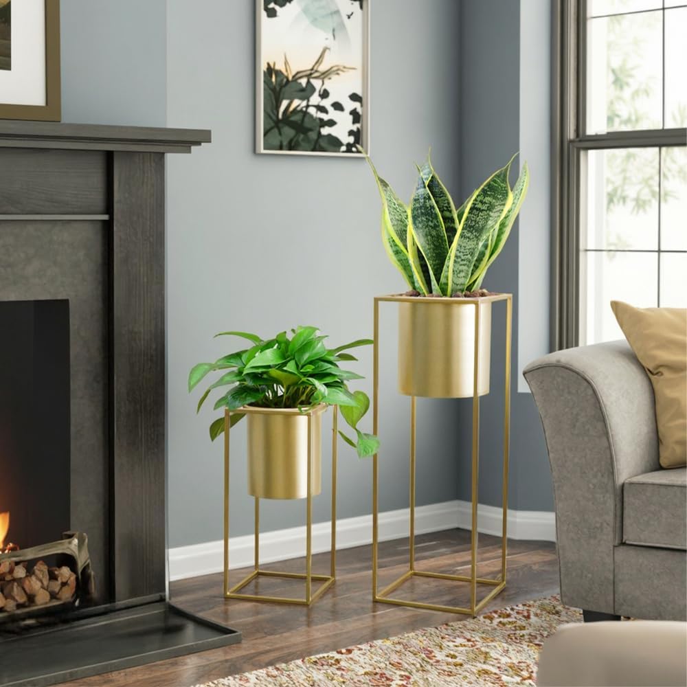 TRIROCKS Set of 2 Large Planters with Stand Gold Planter for Indoor Plants 28 &18" H Morden Plant Pots for Living Room Corner Kitchen Office Garden Balcony Patio Decor(Gold)