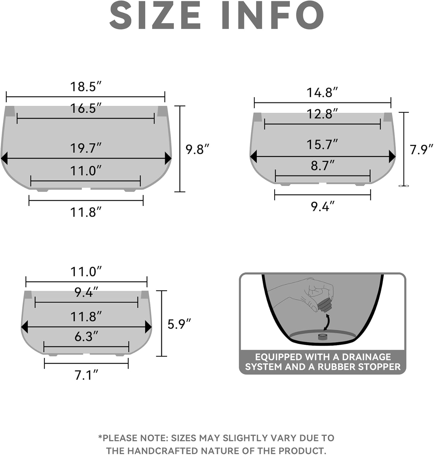 Kante 19.6",15.7",11.8" Dia Round Concrete Planters Set of 3, Outdoor Indoor Large Plant Pots with Drainage Hole, Modern Curvaceous Design, Weathered Concrete