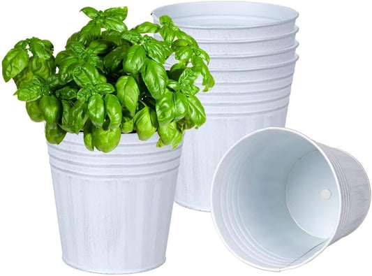 6 Inch White Metal Rustic Flower Pots - 6Pcs Galvanized Planters with Drainage Hole and Rubber Plug, Rustproof Metal Bucket Plant Pots Farmhouse Vintage Style for Decor