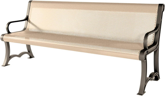 Coated Outdoor Furniture Heavy-Duty Outdoor Bench Thermoplastic Coated, Punched Steel, Commercial-Grade Garden Bench, Made in America (Portable with Back, 6 Ft, Tan)