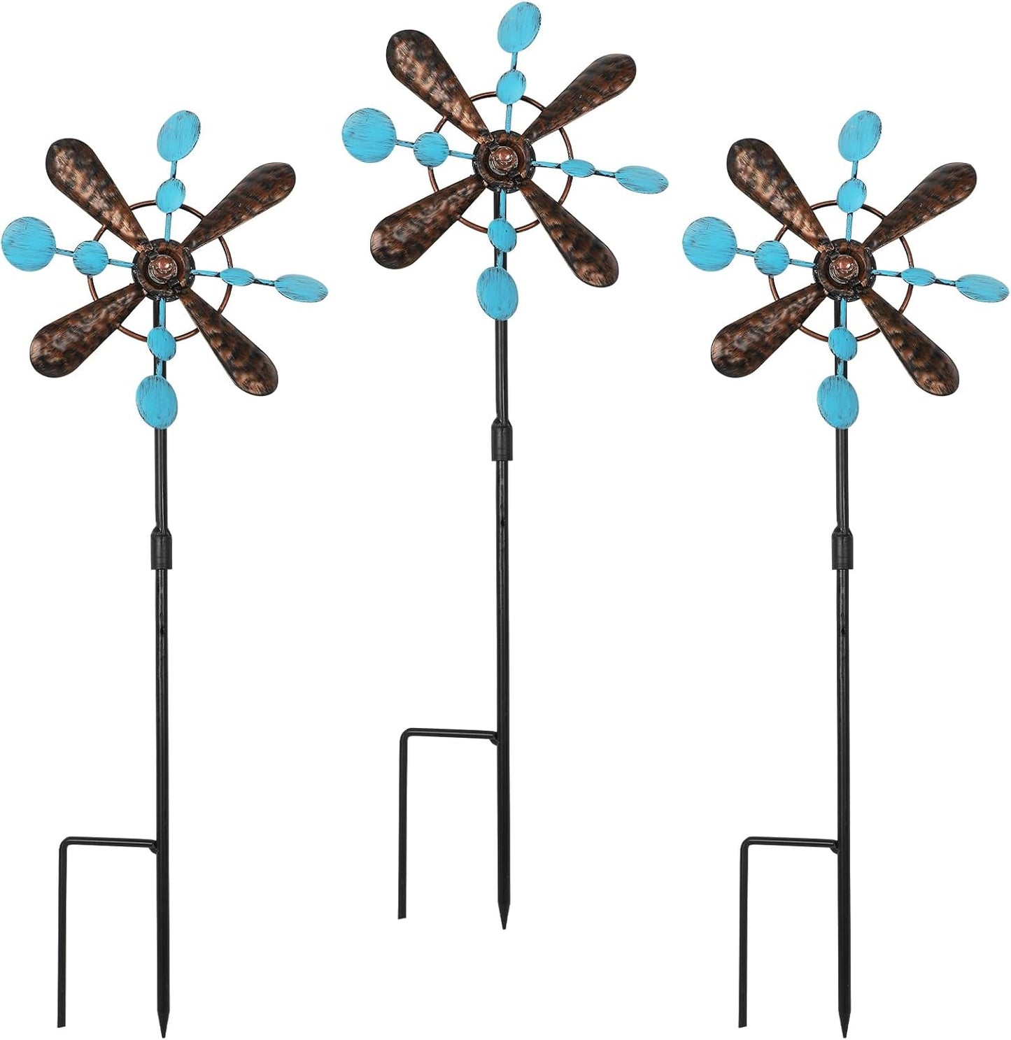 3 Pack Wind Spinners with Metal Stake, 16.3 Inches Yard Garden Sculptures for Outdoor Spring Decoration Lawn Patio Wind Catcher Windmill (Blue spot)