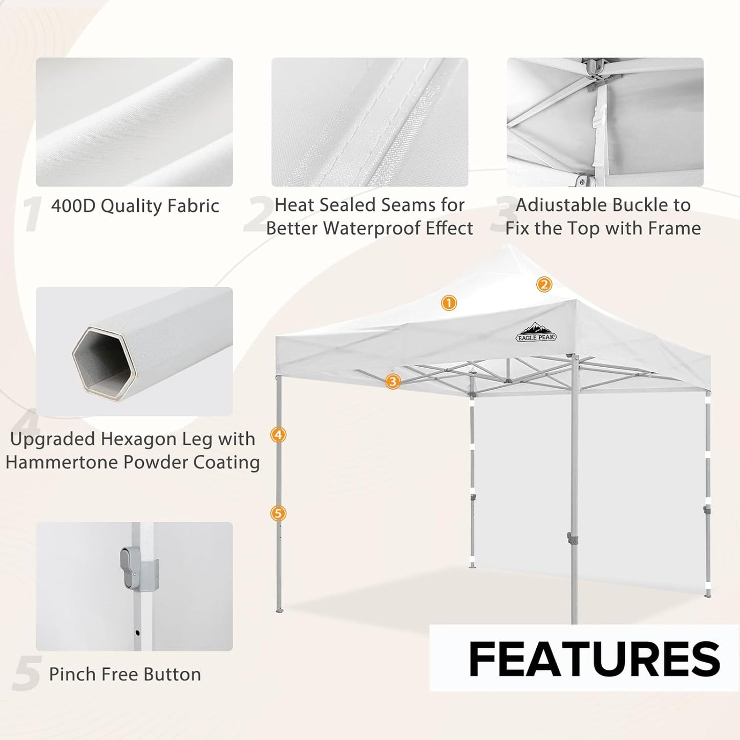 EAGLE PEAK 10x10 Heavy Duty Pop up Commercial Canopy Tent with One Removable Sidewall, Instant Sun Shelter with Roller Bag, 4 Sandbags, White