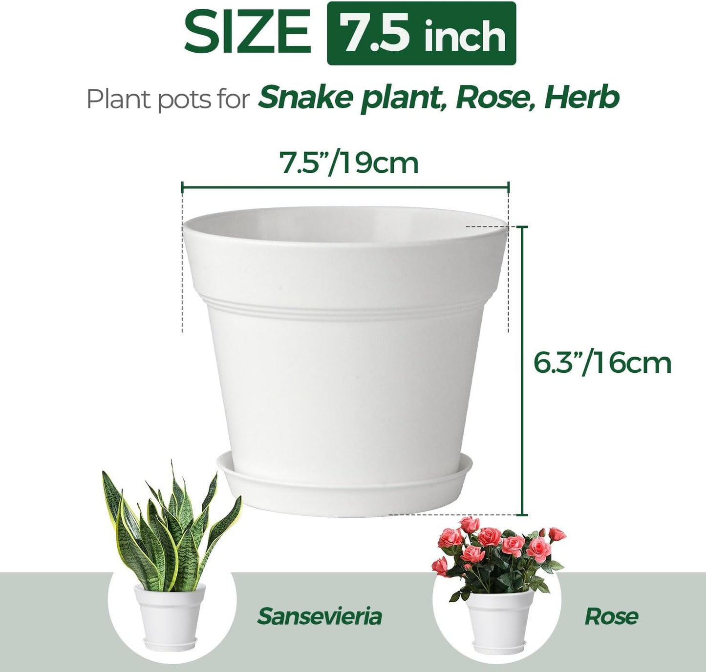 T4U 7.5 Inch Plant Pots 6 Pcs, Flower Pots for Plants, Plastic Planter Pots for Indoor Plants with Drainage Holes and Saucer (6 Pcs, 7.5", White)