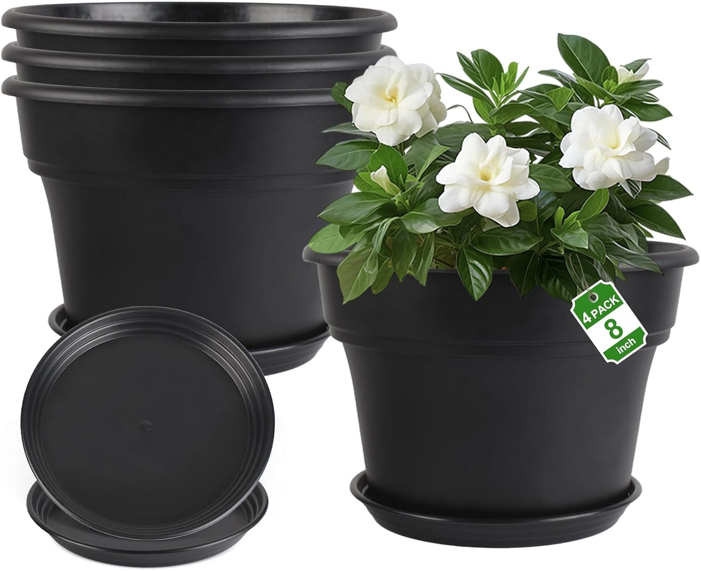 8-inch-Plant-Pots-Indoor-Outdoor, 4 Pack Plastic Planters with Drainage Holes & Saucers, Resin Flower Pots with Trays, Classic Garden Pot Container for House
