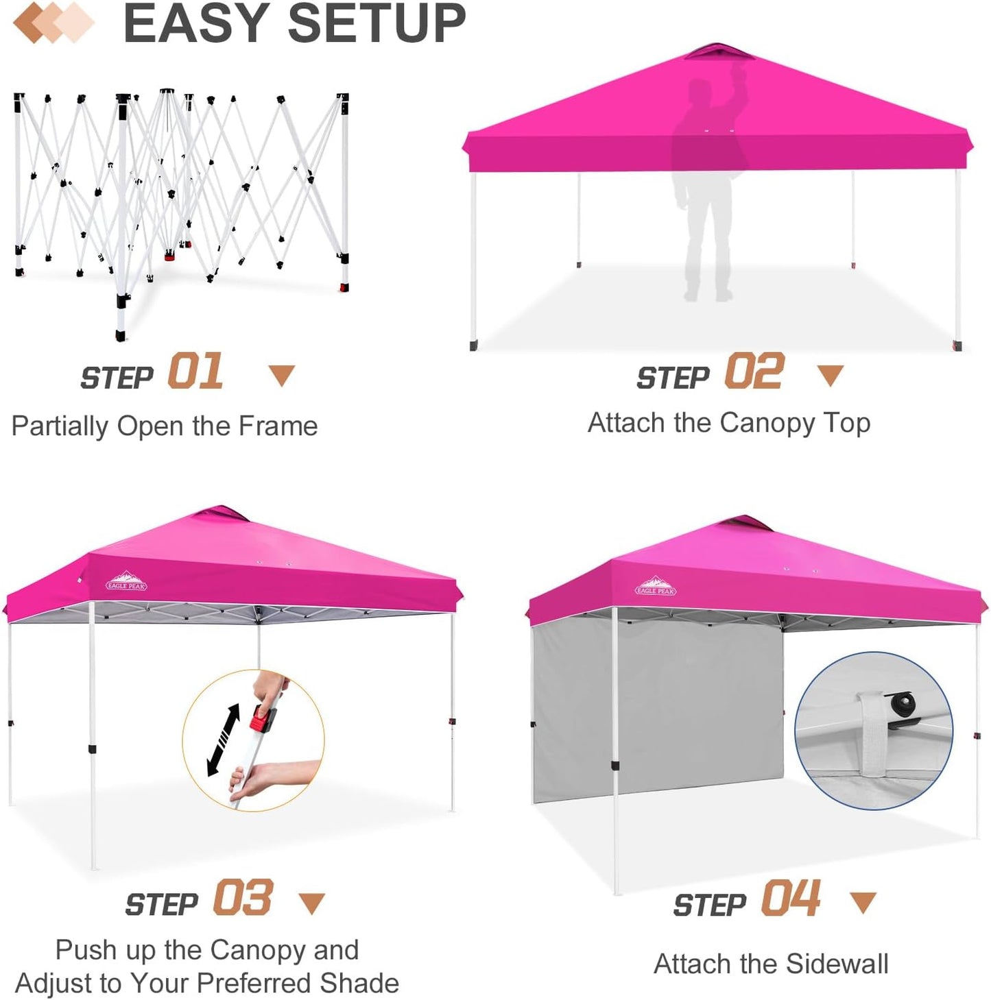 EAGLE PEAK Pop Up Canopy Tent with 1 Sidewall, Easy Setup Event Tent, Outdoor Sun Shade, Wheeled Carry Bag, Stakes and Guy Ropes, Instant Canopy 12x12, Pink