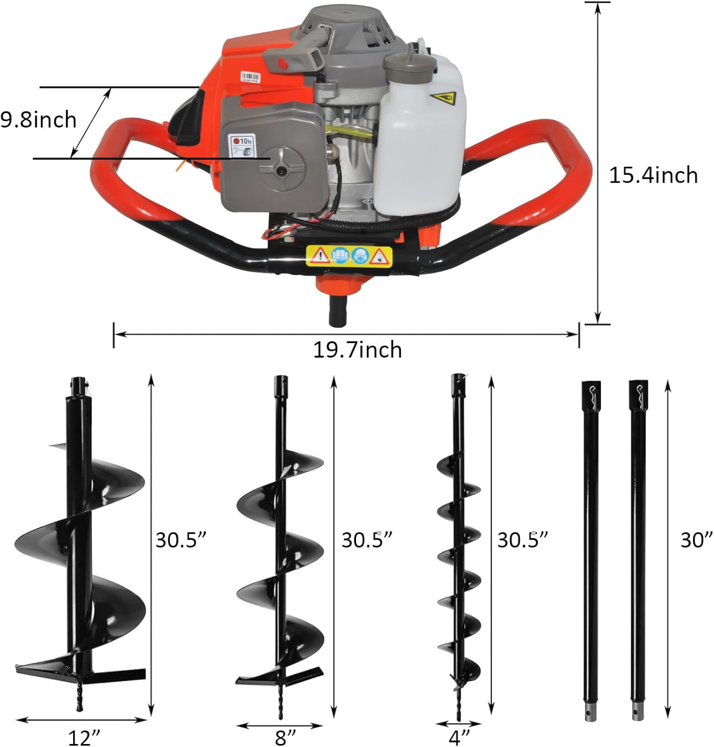 72cc 4HP Post Hole Digger Gas Powered, Gas Earth Auger/Ice Auger, with 3 Drill Bits 4"/8"/12" + 2 Extension Bar, One Man Earth Auger for Planting Fence, EPA Compliant Post Hole Auger