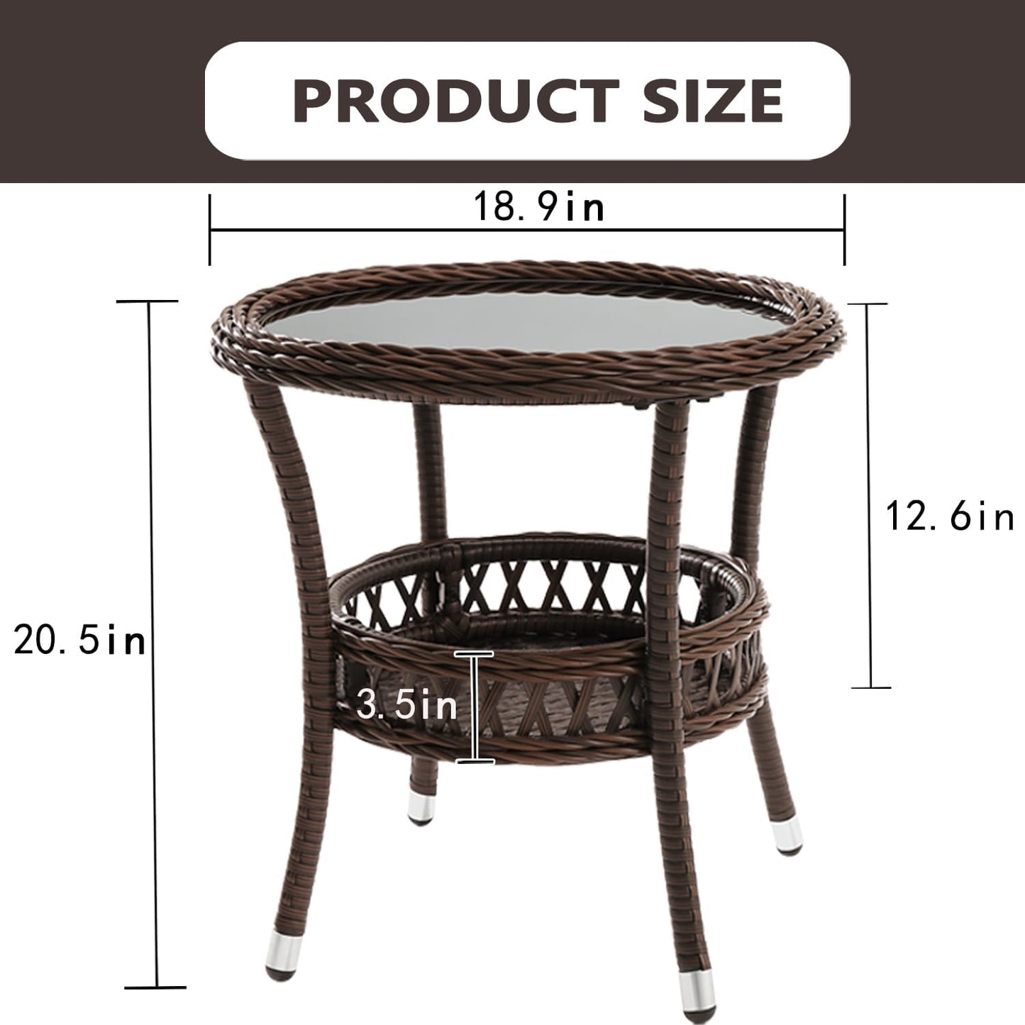 Outdoor Side Table Patio Wicker Coffee Table Outdoor End Table Rattan Bistro Table with Storage & Black Glass Table Top Round for Outside Balcony Porch Backyard Deck Brown