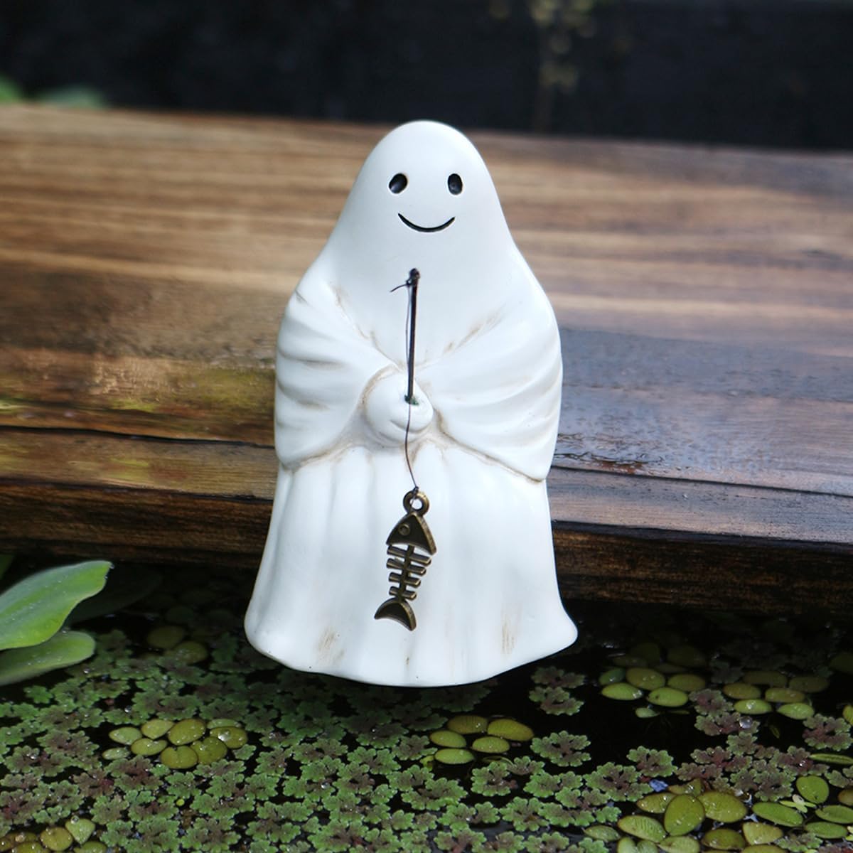 Fishing Ghost Statue Funny Halloween Decorations, 3.35 Inch Cute Sitting Ghost Figurine Shelf Sitter Resin Sculpture for Outdoor Garden Yard Lawn Pond Waterfalls Pool Ornaments