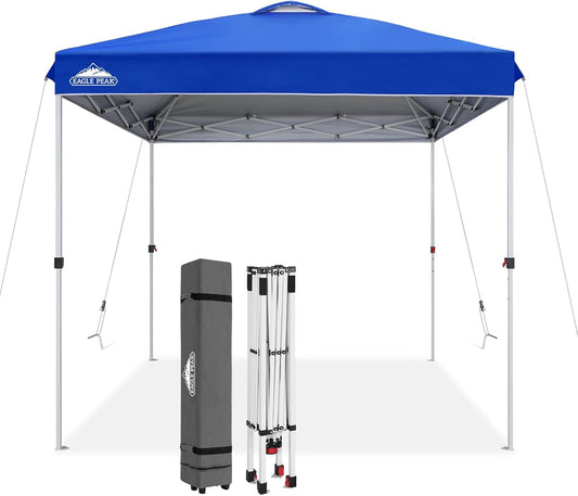 EAGLE PEAK Pop Up Canopy Tent with Wheeled Carry Bag, 8 Stakes, 4 Ropes, Easy Set Up Tent Canopy, 8x8 ft, Blue